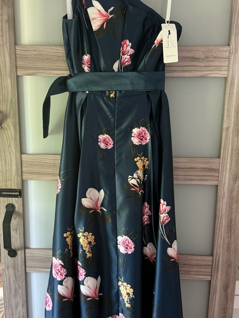 One-Shoulder Navy Floral Belted Evening Gown - Picture 2 of 3